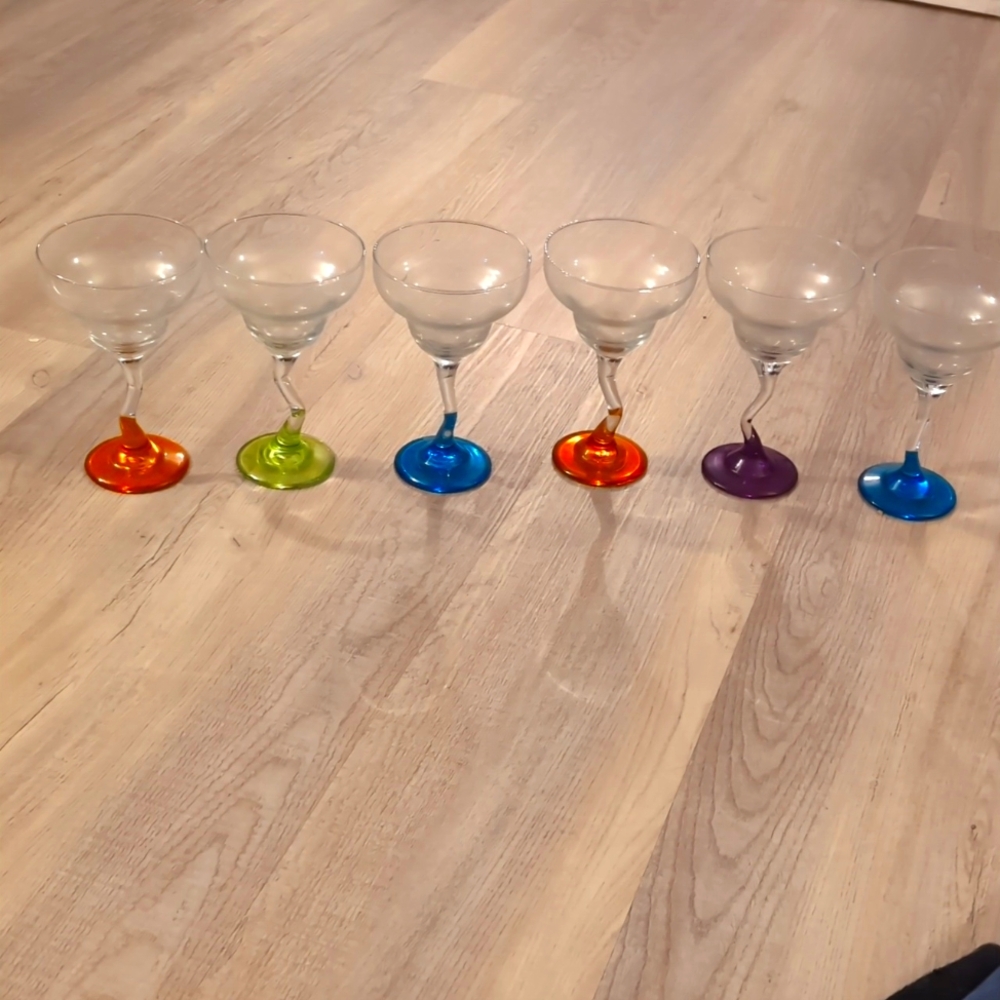 Libbey Margarita Glasses Crooked Z Stem Hand Blown -multi color stems Set of 6